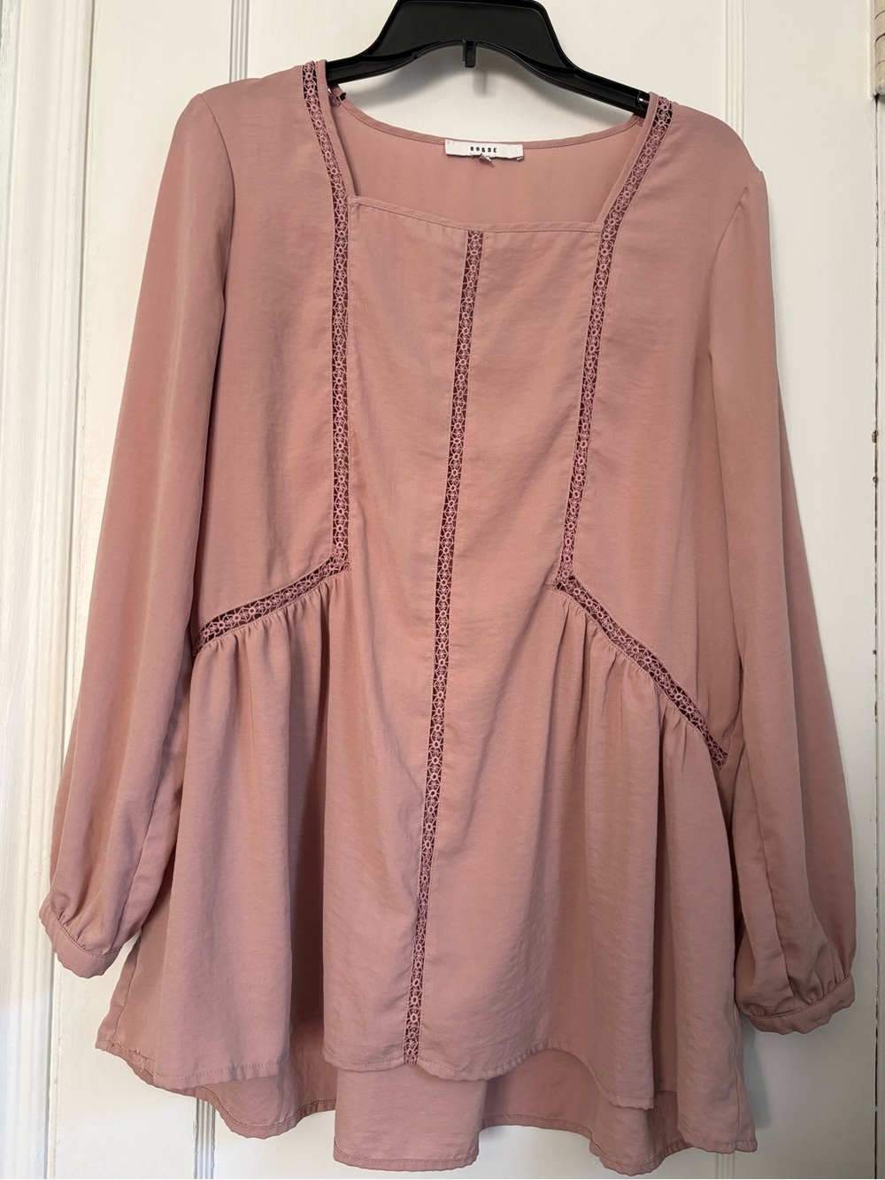 RO & DE Dusty Rose Boho Babydoll Tunic Blouse Lace Trim Long Sleeve Top, Med